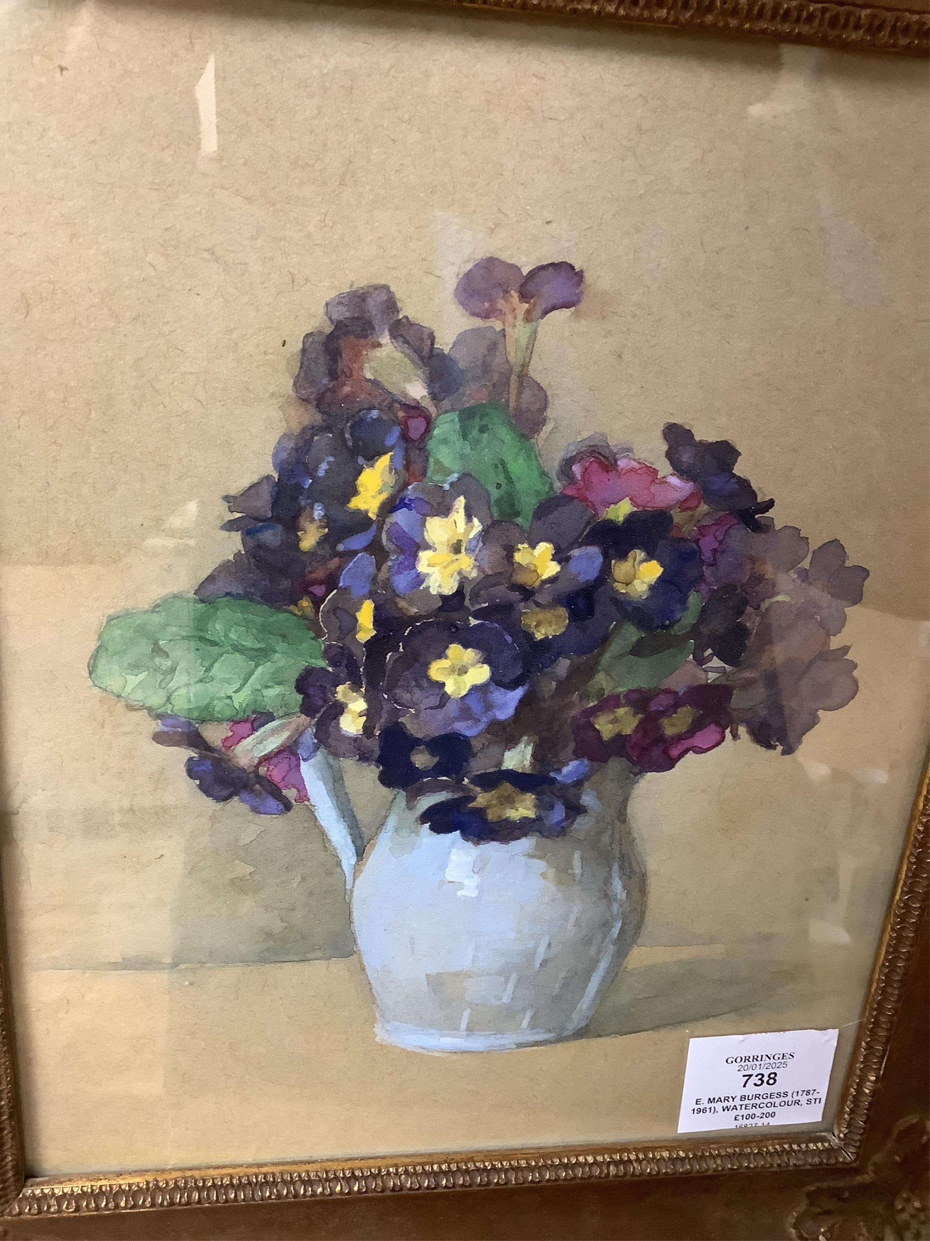 E. Mary Burgess (1787-1961), watercolour, Still life of pansies in a jug, partial James Bourlet & Sons label verso, together with Annie L. Pressland, Still life of flowers in a vase, signed, E. Stacy-Marks label verso, l